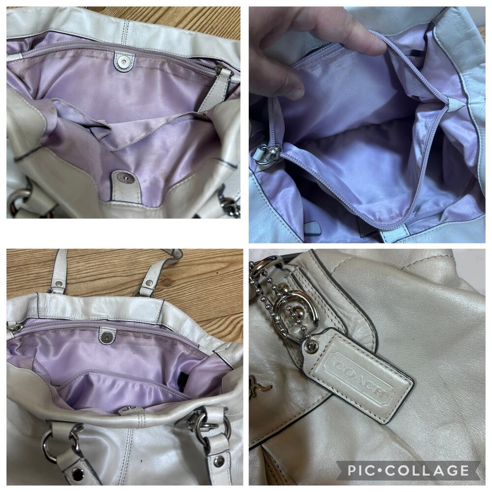 Coach Madison Op Art Leather Shoulder Bag Cream Silvery Hobo Tote Purse F15513 - Picture 6 of 8